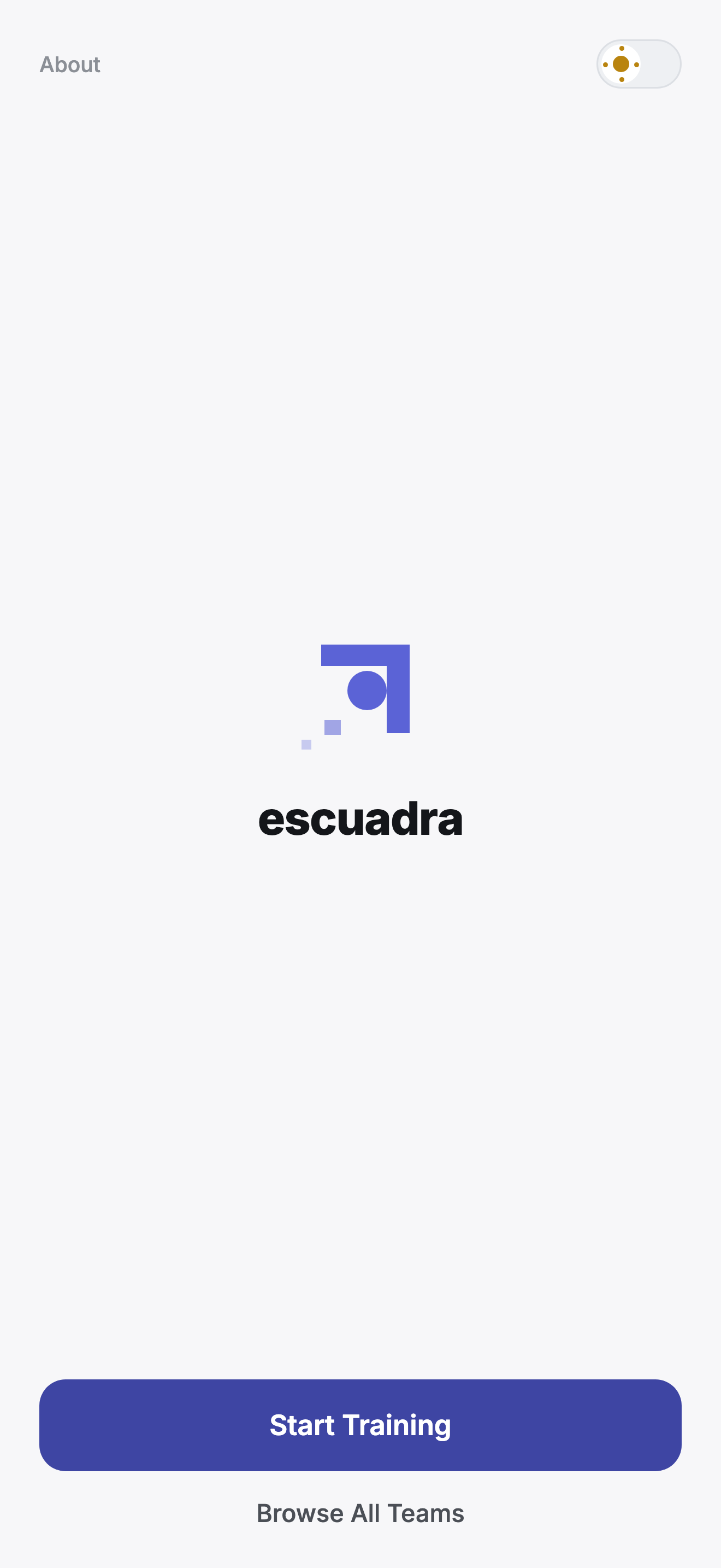 Escuadra's light home screen with the escuadra logo and a Start Training button