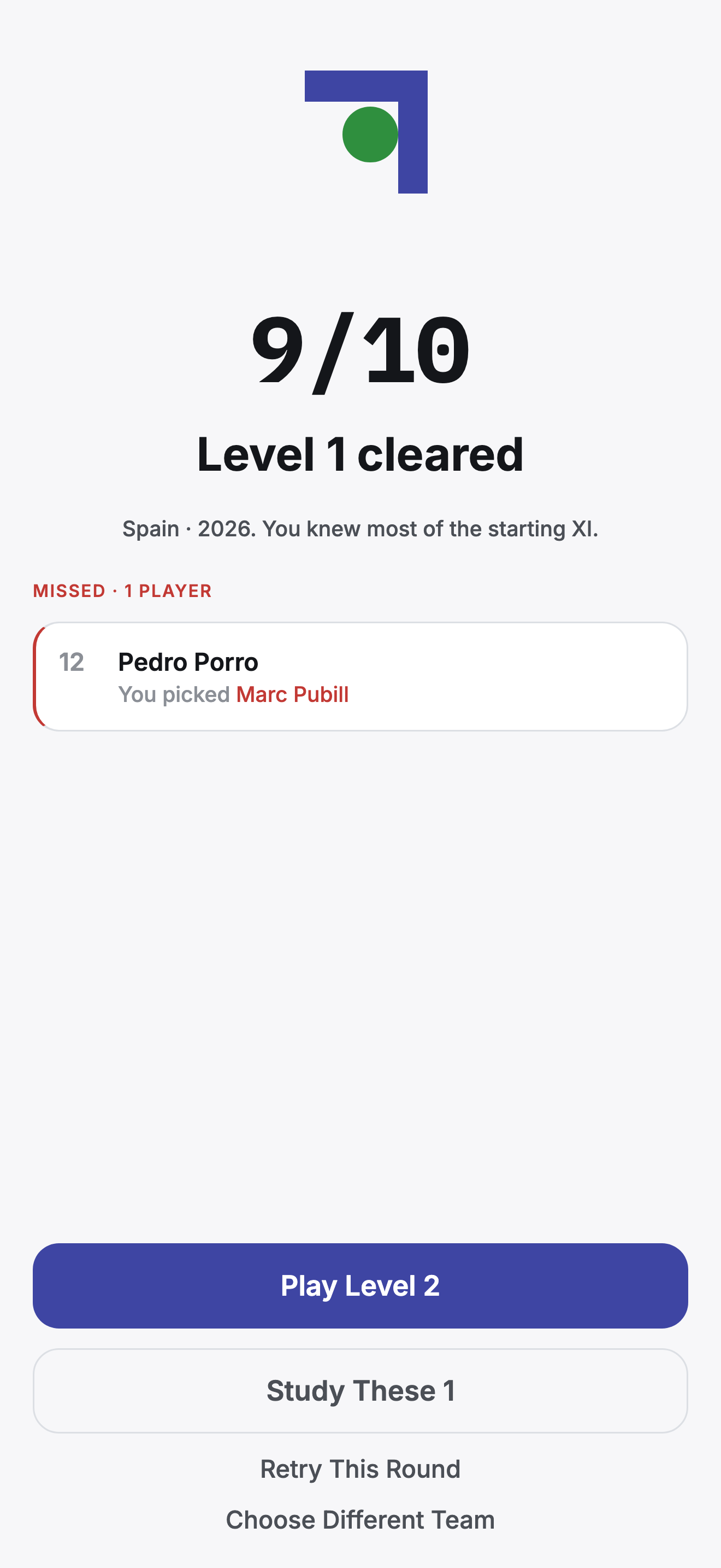 Escuadra's light results screen showing a 9 out of 10 score and level cleared summary